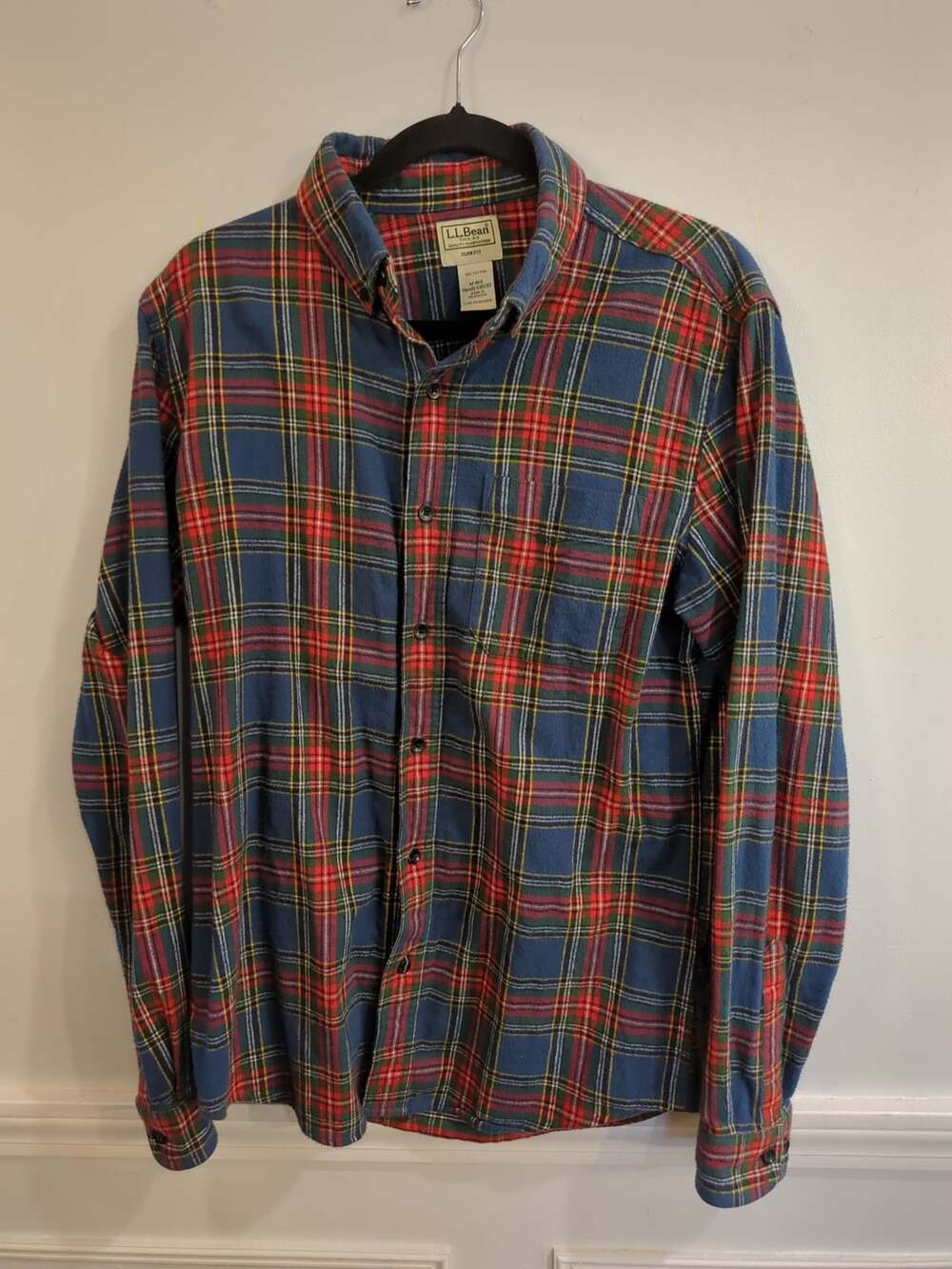 LL Bean Flannel Button Up Shirt M-Reg Blue Plaid Cotton Slim Fit